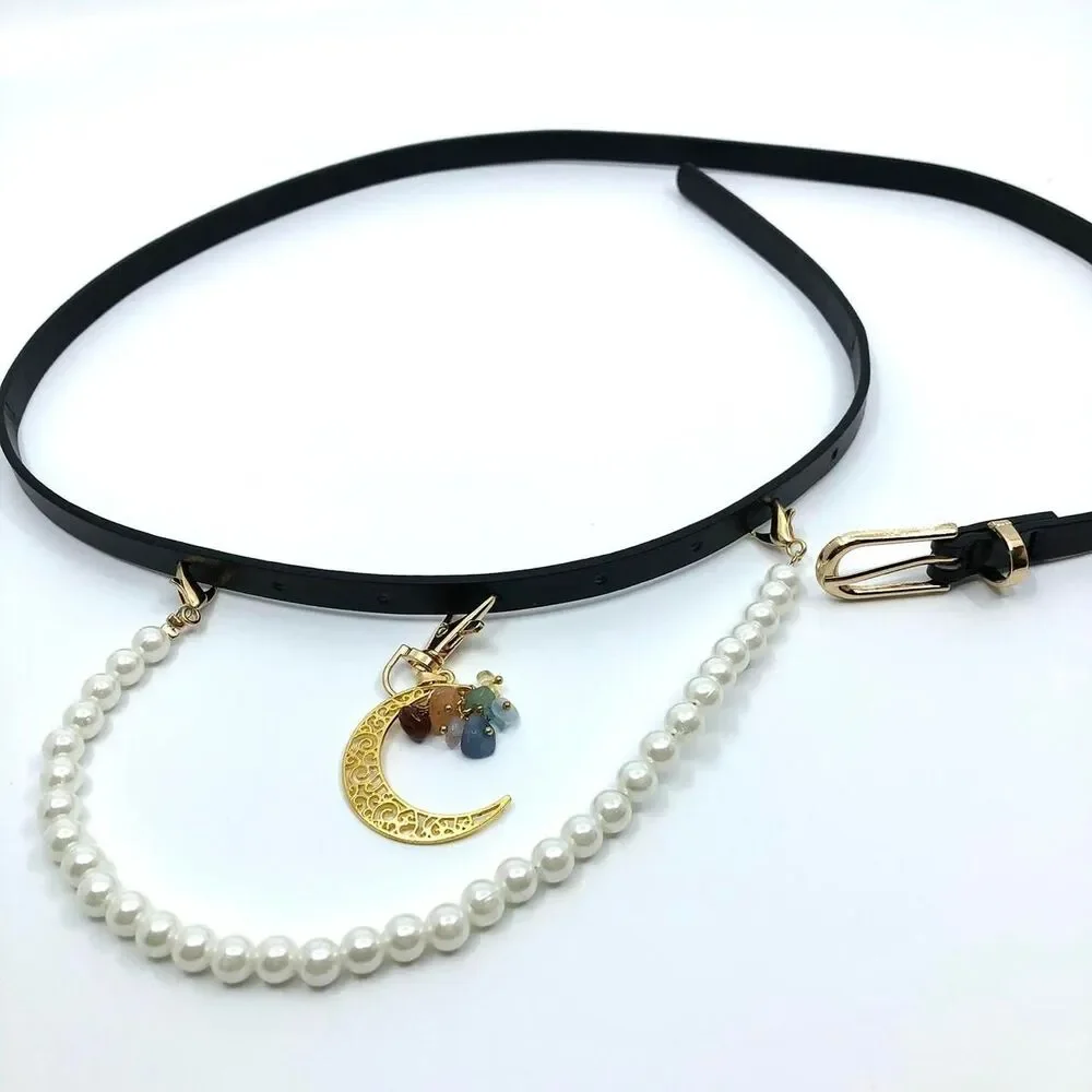 Y2K Celestial Black Faux Leather Pearl Moon Belt, Fits 33–35 Inches, X7GA1232